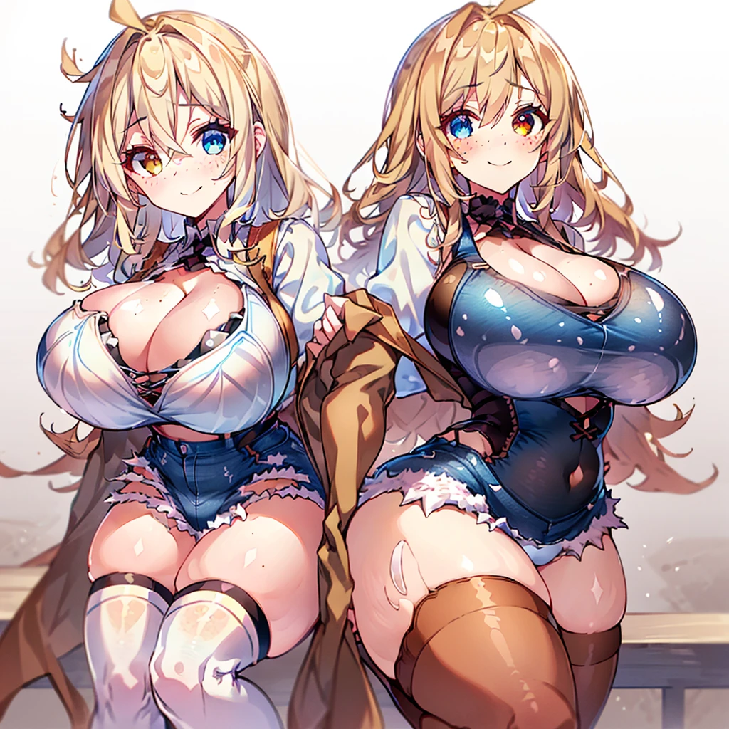 1girl, dark-blonde hair ((curly)), round eyes ((heterochromia)), ((freckles)), cute, sexy, smile, attractive, mature, best quality, masterpiece, ultra-detailed, illustration, absurd res, anime, white laced vest, big breasts, cleavage, blue skirt ((denim, high-waisted)), thin waist, wide hips, thick thighs, black thigh-highs