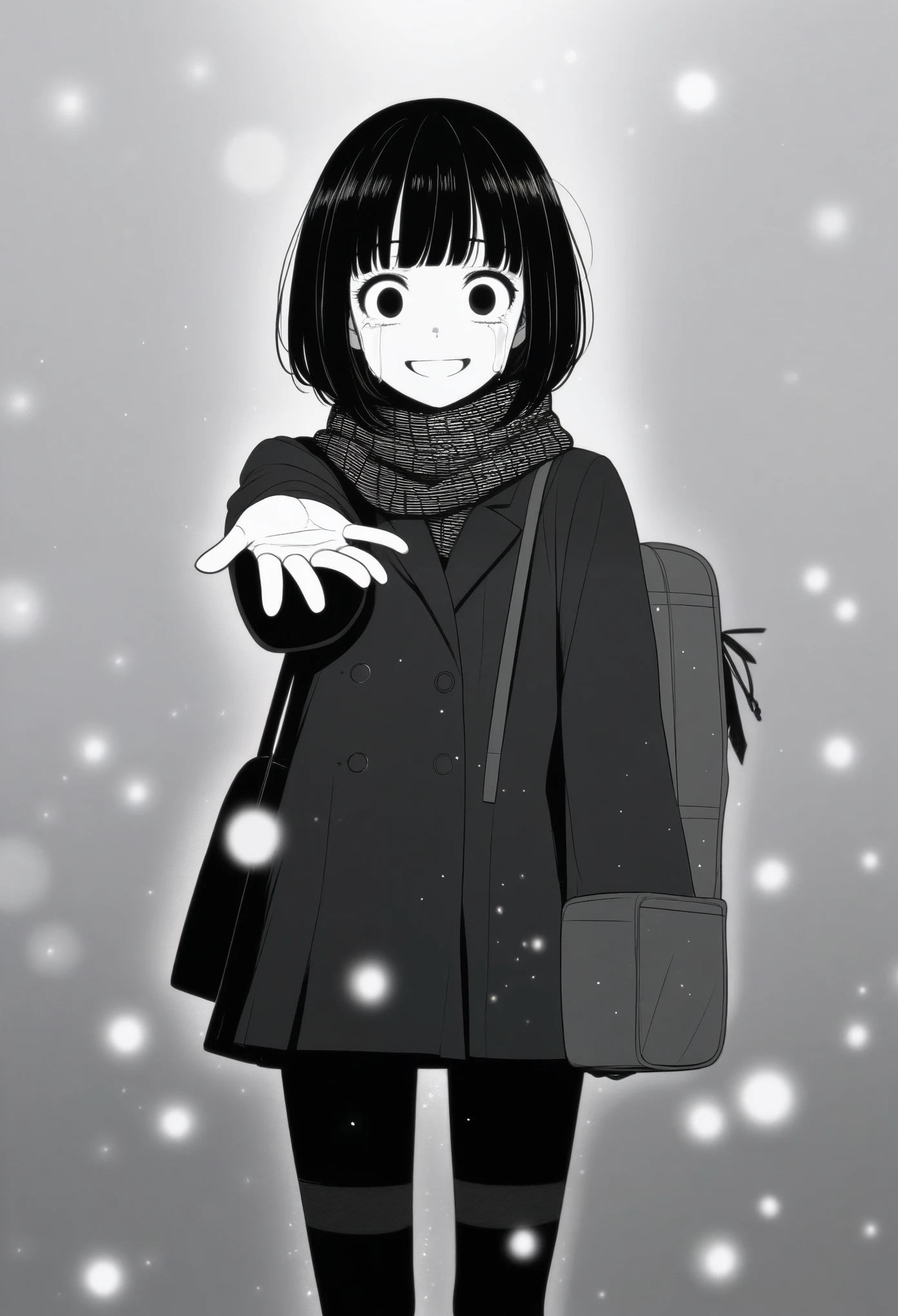 masterpiece, best quality, 1girl, mamerakkkkko, grayscale, manga style, japanese, chi no wadachi, black eyes, street, iced, black hair, schoolbag, smile, lineart, black coat, black scarf, black pleated skirt, leggins, centered, 18 years old, tall, fair skinned, bokeh background, crying, tears, tears streaming, bob cut, light particles, centered, snowing, (((reaching out a hand to viewer)))