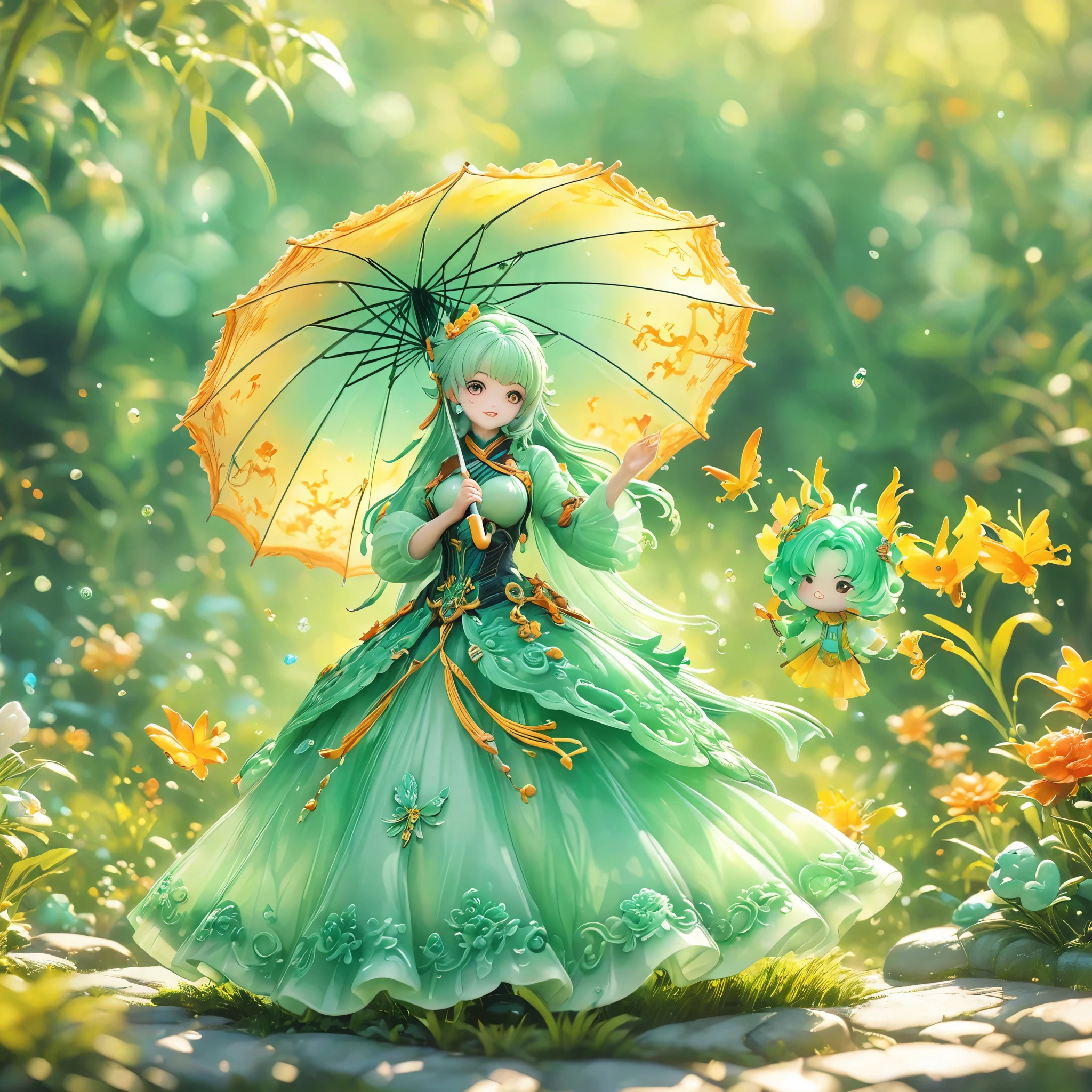 best quality, very good, 16K, ridiculous, Very detailed, charming(((Person holding an umbrella1.3)))，Made of translucent jadeite, Background grassland（（A masterpiece full of fantasy elements）））， （（best quality））， （（Intricate details））（8K）