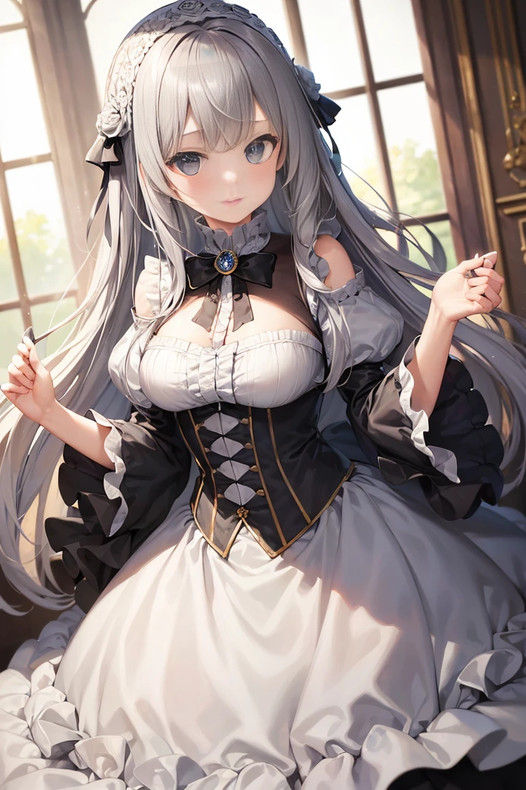(high quality),(Exquisite),(Perfect picture quality),perfect quality,Gray long hair,Girl,Baroque costumes,Stacked dress with ruffles,Pretty face