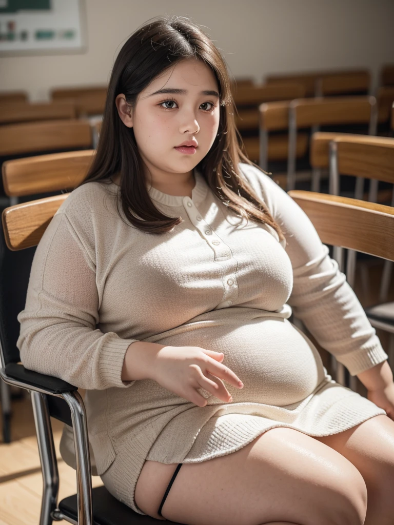 a fat 10 year old obese girl wearing, full body , beautiful detailed eyes, beautiful detailed lips, extremely detailed eyes and face, long eyelashes, round chubby cheeks, fat body, sitting on a chair, school classroom background, (best quality,4k,8k,highres,masterpiece:1.2),ultra-detailed,(realistic,photorealistic,photo-realistic:1.37),vibrant colors,studio lighting,hyper realistic,detailed facial features,intricate clothing folds,soft lighting