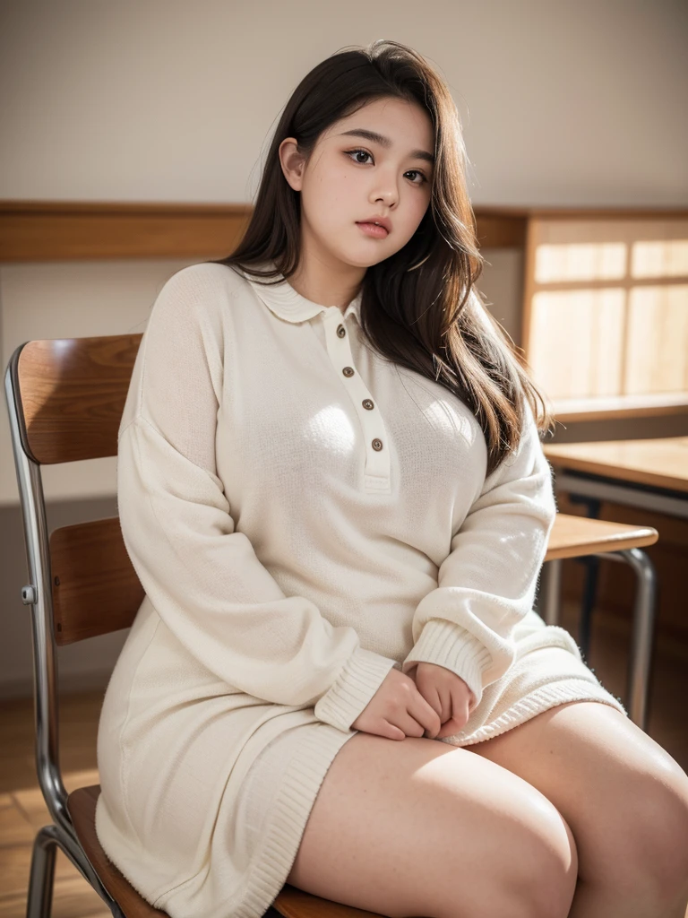 a fat obese girl wearing, full body , beautiful detailed eyes, beautiful detailed lips, extremely detailed eyes and face, long eyelashes, round chubby cheeks, fat body, sitting on a chair, school classroom background, (best quality,4k,8k,highres,masterpiece:1.2),ultra-detailed,(realistic,photorealistic,photo-realistic:1.37),vibrant colors,studio lighting,hyper realistic,detailed facial features,intricate clothing folds,soft lighting