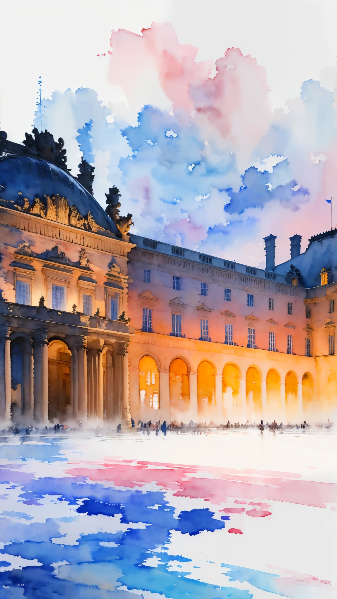 (masterpiece:1.2, Highest quality),(Very detailed),(((watercolor))),8K,wallpaper,Landscape of France,Louvre Museum,night