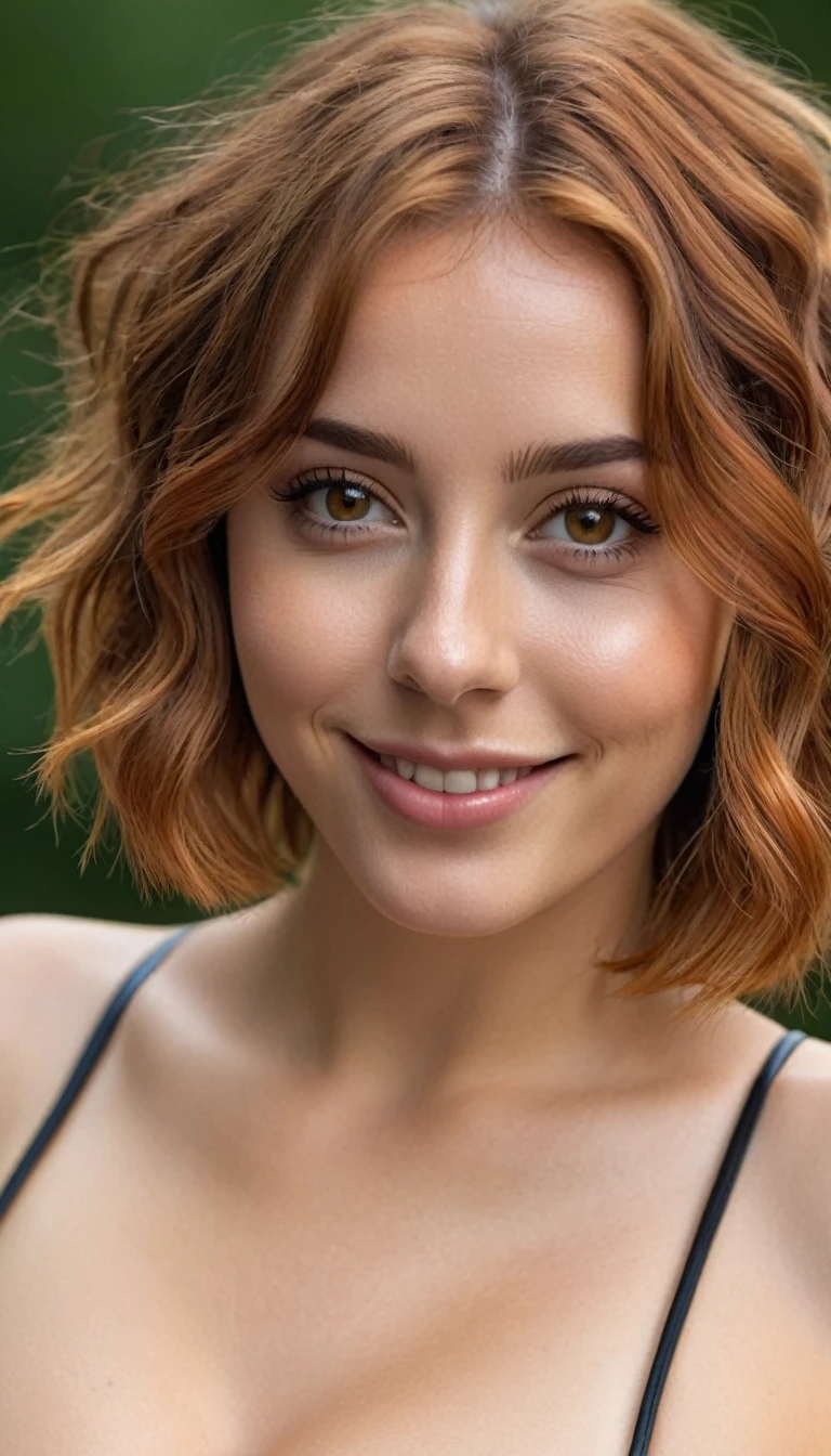 ultrarealistic high quality full body photo of a beautiful busty slim european 25-year-old woman with cute hyperdetailed shy face and natural redhead long messy bob hair and shy smile , realistic round hazel eyes, natural lips, dark eye makeup with eyeliner, wearing latex stockings, hourglass body, outdoor photography, tanned