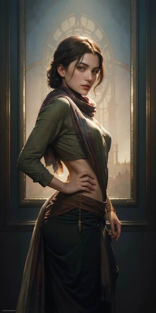 a painting of a woman with a scarf on her neck, (1girl:1.4), craig mullins alphonse mucha, artgerm craig mullins, beautiful character painting, rhads and lois van baarle, artgerm and atey ghailan, charlie bowater rich deep colors, ross tran 8 k, ( ( mads berg ) ), artgerm and craig mullins