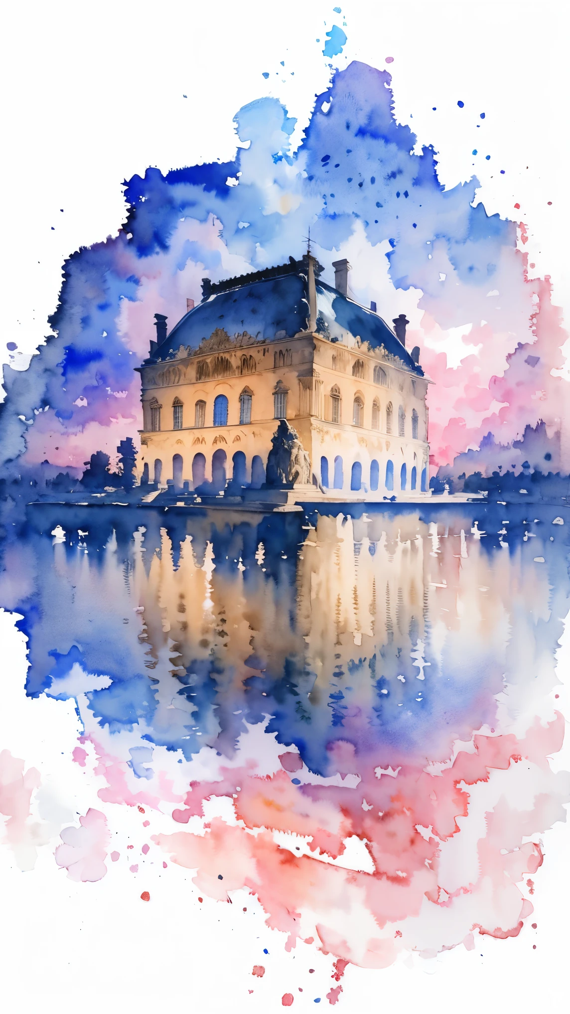 (masterpiece:1.2, Highest quality),(Very detailed),(((watercolor))),8K,wallpaper,Landscape of France,Louvre Museum,night,(((透明watercolor)))