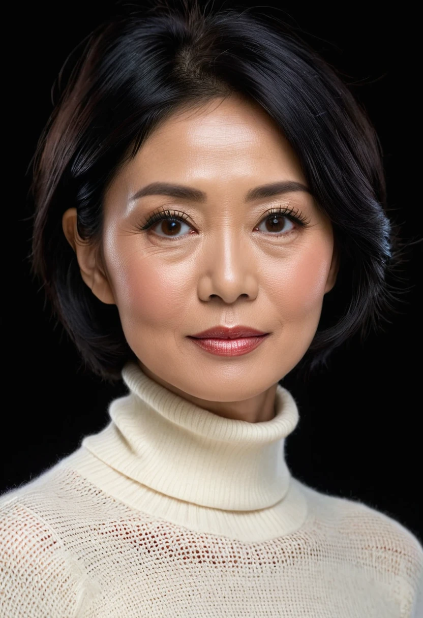 a fifty year lady, Indonesian face, elegant, short black hair, ivory turtle neck sweater,, stunning, peaceful face, 8k, ultra detailed, solid black background
