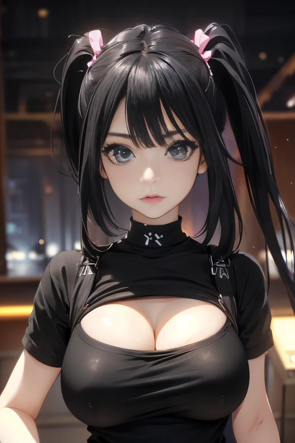 Optimal，masterpiece，High resolution，Highest quality，(Cowboy Shot)、Cute face，Black Hair、Long Hair、Twin tails、((Shoot from the front:1.5)), ((Tight black t-shirt:1.5)). ((Beautiful nipples))、((Big Breasts:1.5)), See-through