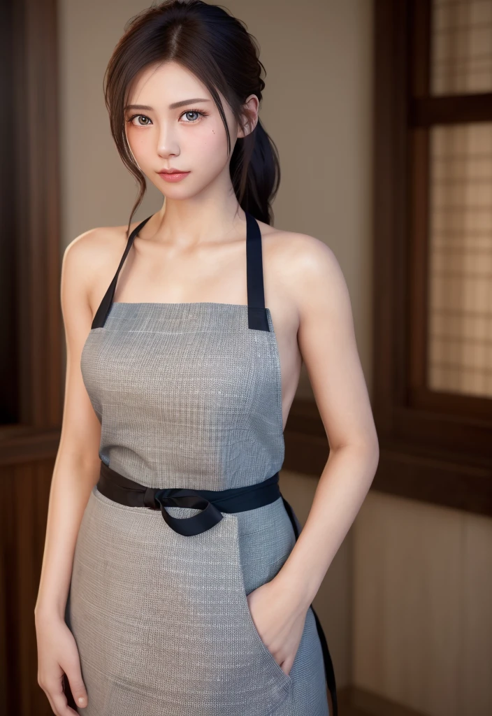 8K, of the highest quality, masutepiece:1.2), (Realistic, Photorealsitic:1.37), of the highest quality, masutepiece, Beautiful young woman, Pensive expression, Gentle eyes, Apron naked、Lovers、Hair tied back, Messy mood, Cinematic background, Light skin tone