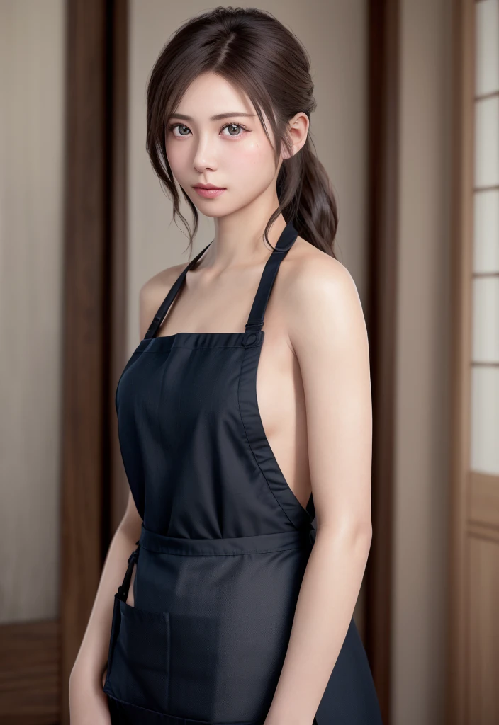 8K, of the highest quality, masutepiece:1.2), (Realistic, Photorealsitic:1.37), of the highest quality, masutepiece, Beautiful young woman, Pensive expression, Gentle eyes, Apron naked、Lovers、Hair tied back, Messy mood, Cinematic background, Light skin tone
