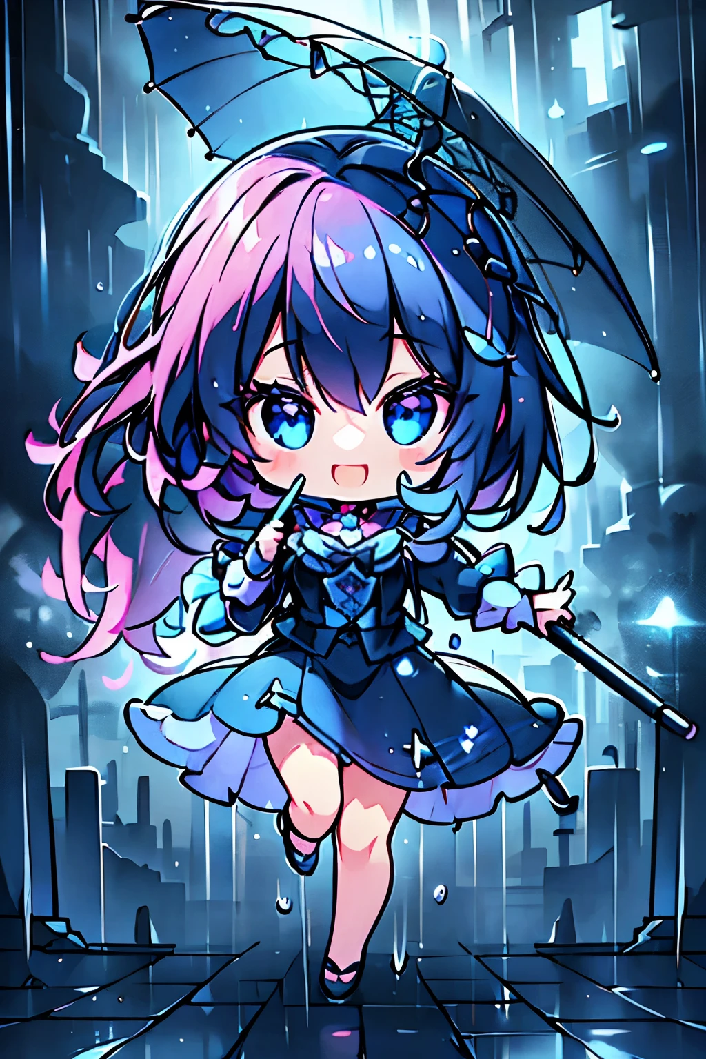 a happy young girl running through the rain, holding a colorful umbrella, detailed facial features, beautiful eyes, long eyelashes, dynamic pose, photorealistic, 4k, high quality, vibrant colors, dramatic lighting, whimsical, magical realism
