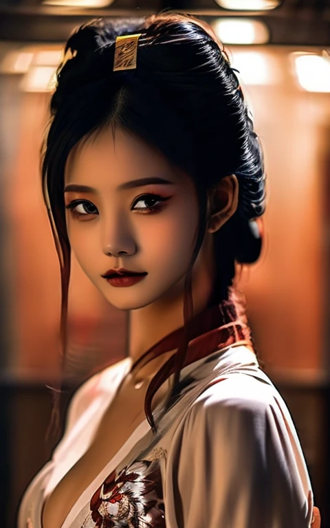 best quality, masterpiece, high resolution, wuxia1girl,blush,(Charming smile:0.8),Star-shaped pupil,china hanfu,Hair accessories,necklace, Jewelry,Pretty Face,Above_Body,(((Full and soft breasts,)))(((Huge breasts))) (((Cleavage))) Tyndall effect,Reality, Dark Studio, Rim Light, Two-tone lighting,(High Detail Skin:1.2), 8K uhd, Digital SLR Camera, Soft lighting, high quality, Volumetric Lighting, frank, photo, high resolution, 4K, 8K, Bokeh