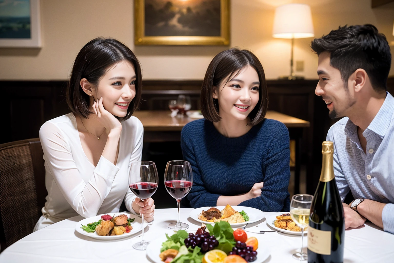 （Realistic:1.2）,(masterpiece,Highest quality)，8k,((men and women)),Age 35,37 years old、最高のsmile、Happy Couple, Full course dinner at the table、Wine Party、wine glass、White wine、sparkling wine、red wine、Upper Body、Tight waist,Perfect Anatomy, Brown Hair, short hair,Random Hairstyles,Amazing view of the sunset sky and clouds、Long sleeve shirt、dress,((Highly detailed face and eyes:1.2))(Cute Face:1.4)，Beautiful actress face，Perfect golden ratio face，woman&#39;suit、Nice,(smile:1.2)、