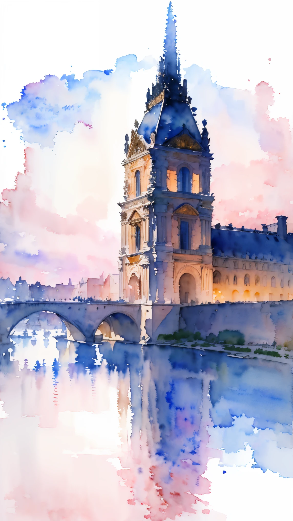 (masterpiece:1.2, Highest quality),(Very detailed),(((watercolor))),8K,wallpaper,Landscape of France,Louvre Museum,night,(((透明watercolor)))