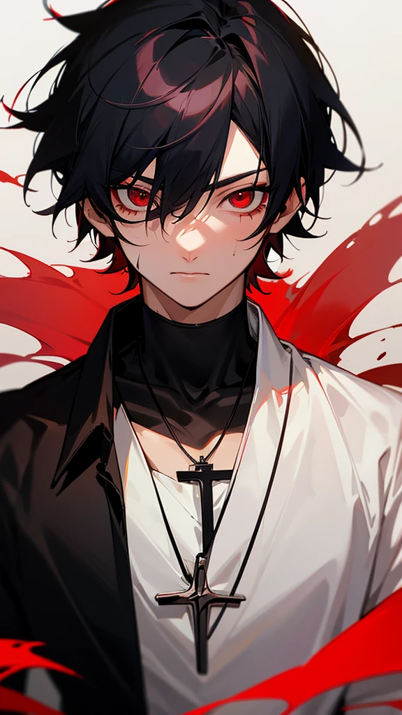 Anime 18 year old boy with redish black hair and a scar on his left eye with red blood eyes black tught shirt a cross necklace and a red xhacket.