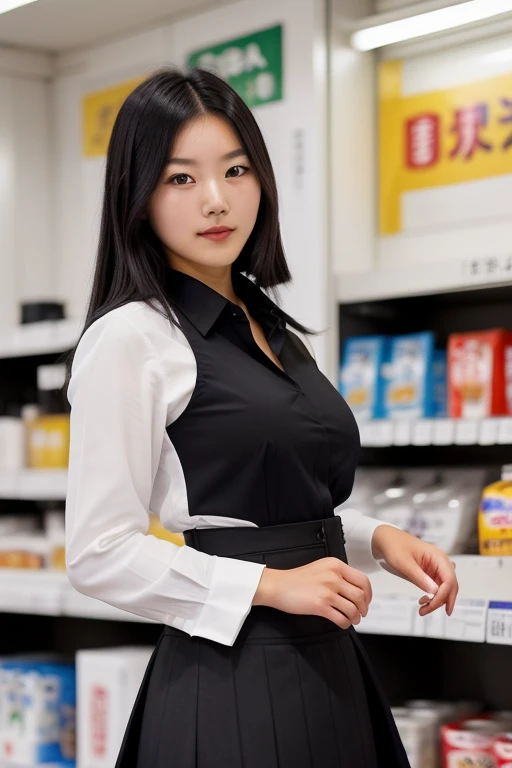 A young Japanese beautiful girl, 24-year-old, strikingly beautiful, black hair, (masutepiece,High quality:1.3),(depth of fields:1.5) ,((front body:1.35)), Japanese ,woman, Chignon, (Women's business black suits black midi skirt ,White collared shirt:1.2),Huge breasts,(Looking at Viewer:1.3),cowboy shot, convenience store