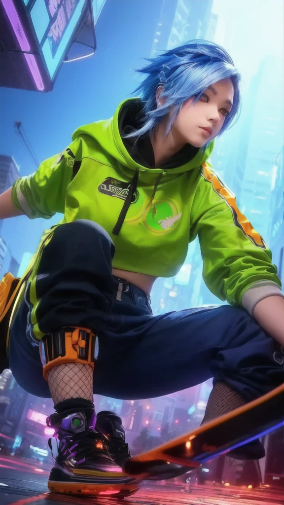 a person on a skateboard on a city street, female lucio, rossdraws cartoon vibrant, lucio as a woman, cyberpunk anime girl in hoodie, cyber universe style,