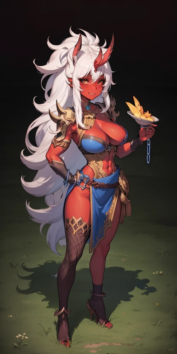 lewd priest cleric, wearing an iron mask and armor,(cabellos largos dorados),Wearing an iron mask and armor,Metal heels,Long face,Long face,Long face shape, abs, big knockers, golden chain collar, black choker, (golden bracers on wrists, golden shackles on legs), stomach tattoo (red tattoo) smirking lustful smile, looking to the camera, standing straight symmetrical, hands on hips, golden tiara,