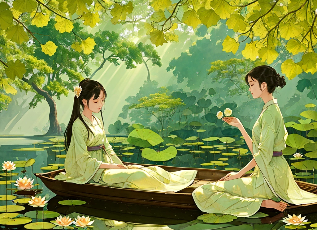 In a tranquil lotus pond, a girl sat in a small boat, gently picking lotus flowers. The pond was filled with lush green leaves and vibrant blossoms. Sunlight filtered through the leaves, casting a gentle, golden glow over the scene.