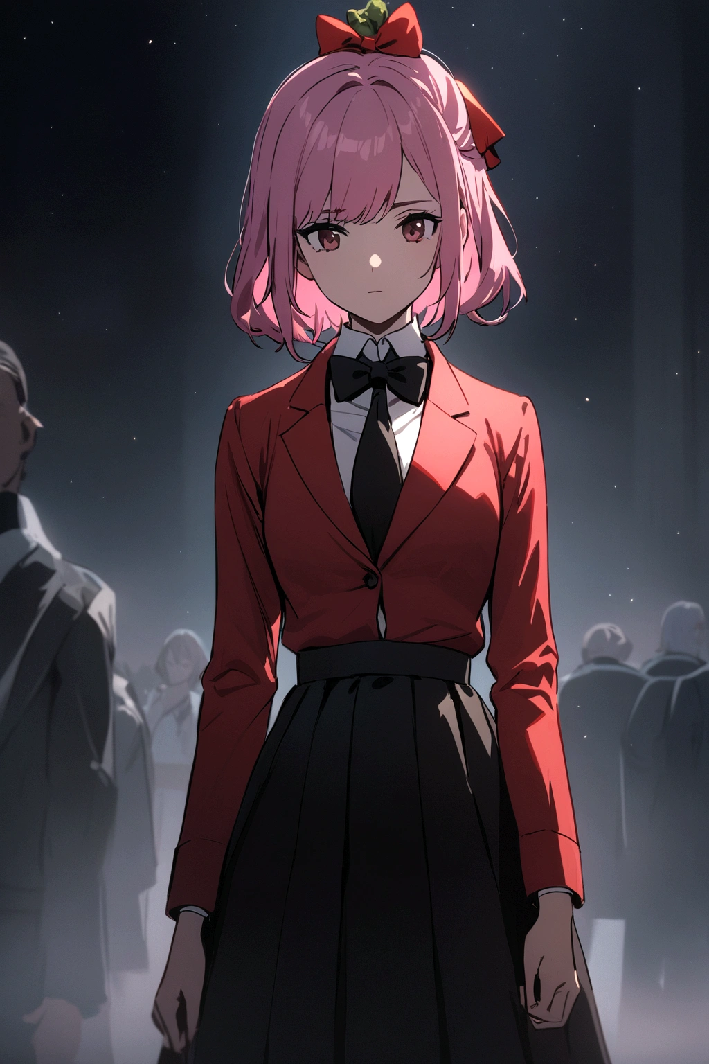 Girl with pink hair, in formal wear with red sleeves, in a black skirt, with a red bow on his head