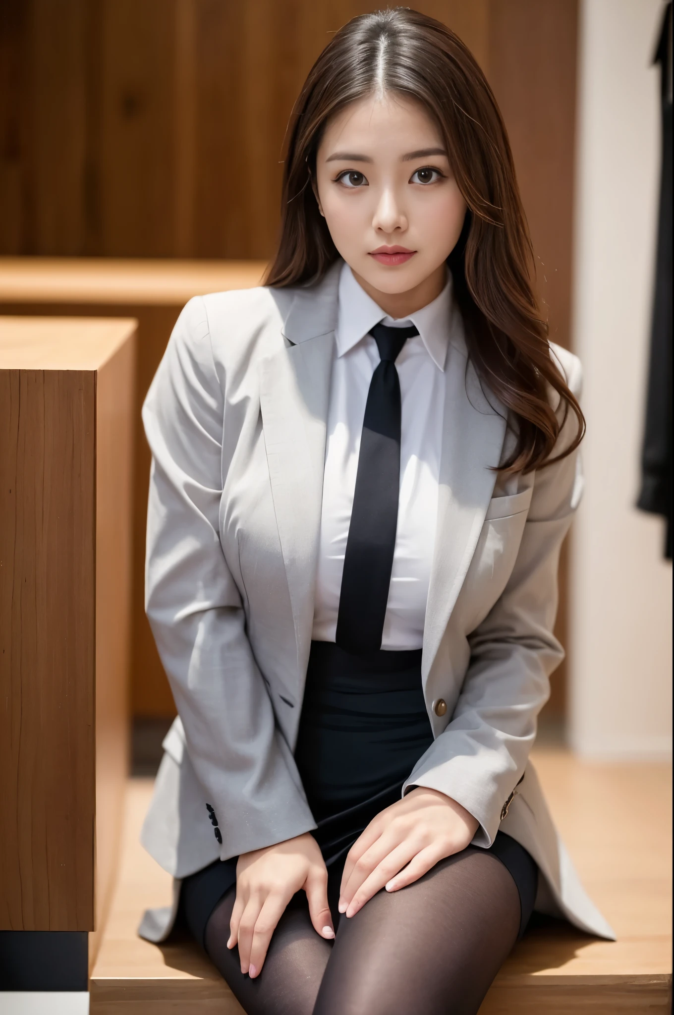 (((masterpiece))), (((Highest quality: 1.4))), ((Very detailed: 1.4)) , ulzzang-6500-v1.1, (RAW Photos:1.2), (Photorealistic), (Genuine:1.4), (エリートBusinesswoman1人), Sharp focus、High resolution,business suitを着た上品な上流階級のエリート女性, 厳格なbusiness suitを着ている, Wearing ultra-realistic pantyhose、Wear high-quality high heels、 Girl in suit, business suitを着ている, business suitを着ている, business suitを着て, Businesswoman, Business Attire, 黒のbusiness suitを着ている, Wearing a jacket and skirt, business suitを着た女性, business suit, business attire, Luxury Suits、Makeup, Sharp Eyes、(Detailed Background:1.2), Exposed thighs!!!,