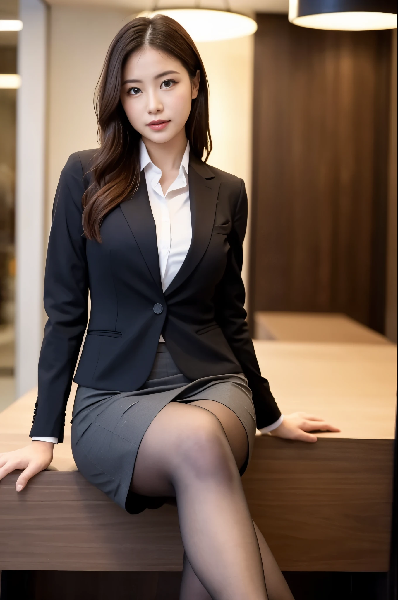 (((masterpiece))), (((Highest quality: 1.4))), ((Very detailed: 1.4)) , ulzzang-6500-v1.1, (RAW Photos:1.2), (Photorealistic), (Genuine:1.4), (エリートBusinesswoman1人), Sharp focus、High resolution,business suitを着た上品な上流階級のエリート女性, 厳格なbusiness suitを着ている, Wearing ultra-realistic pantyhose、Wear high-quality high heels、 Girl in suit, business suitを着ている, business suitを着ている, business suitを着て, Businesswoman, Business Attire, 黒のbusiness suitを着ている, Wearing a jacket and skirt, business suitを着た女性, business suit, business attire, Luxury Suits、Makeup, Sharp Eyes、(Detailed Background:1.2), Exposed thighs!!!,