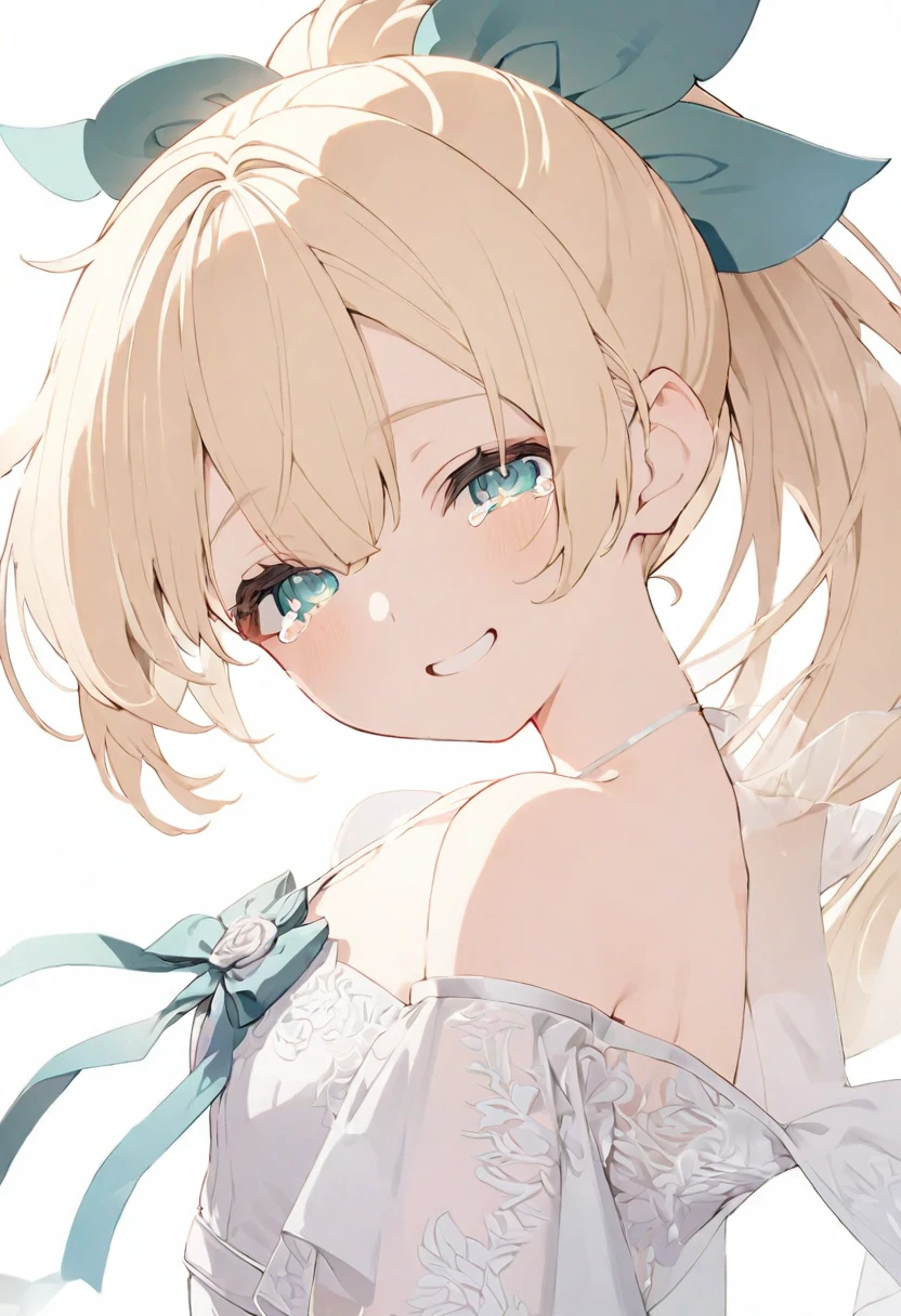 (muste piece), (best quality), very detailed eyes, expressive eyes, perfect face, very detailed face, highly detailed face, beautiful girl, 8K, beautiful girl, white background background, delicate and beautiful face and eyes, dark intense shadow,
1 girl, vtuber style, cool girl, hololive,Kazama Iroha, ponytail, blond hair, Wedding dress, small chest, cropped shoulders, clavicle, closing eyes, tears, smile with tears, smile happily, body visible through clothes, chest visible through clothes, (full body), looking at viewer, standing,