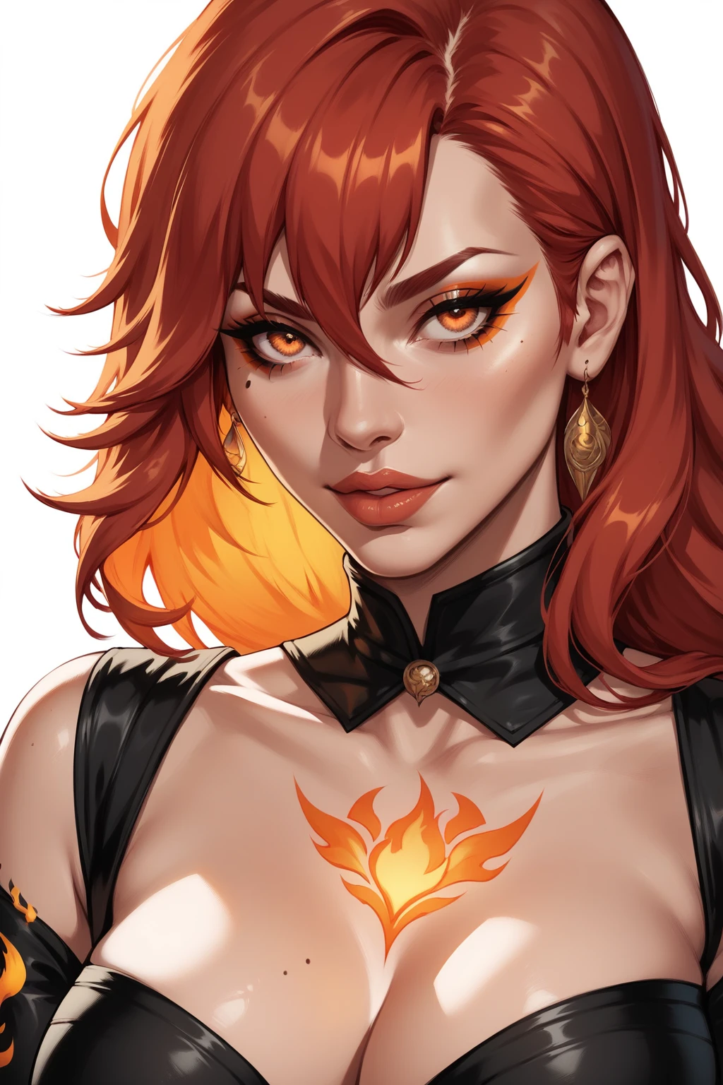 A girl with red hair with some orange streaks. She has a burning and seductive look, red and orange eyes. She has a flame tattoo on her right cheek. She has a flame tattoo on her right cheek. very beautiful girl, detailed, UHD