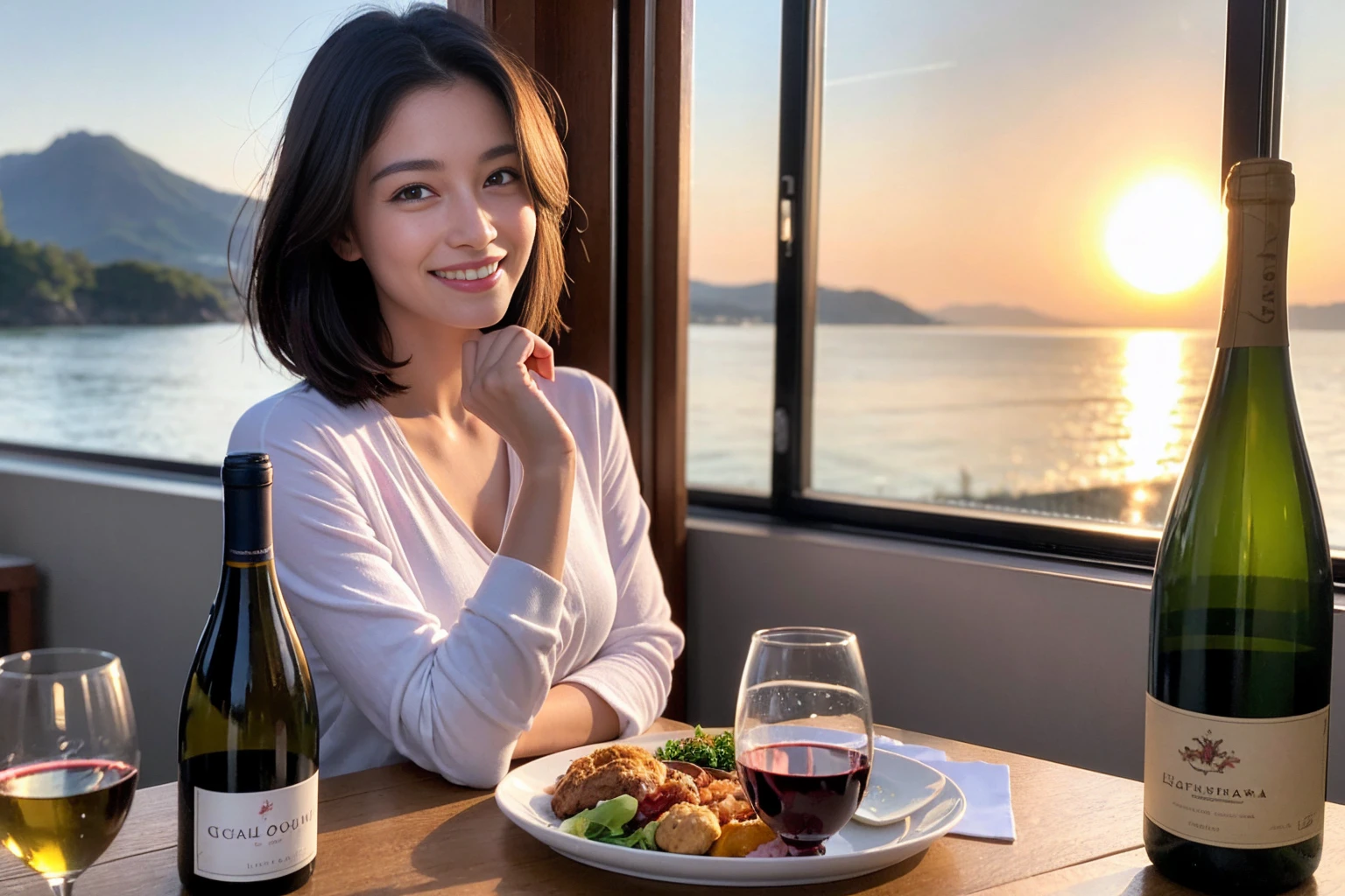 ((Highest quality、8K、masterpiece:1.3))、 (Ultra-realistic、 Genuine、Bright image、Intricate details:1.2), 最高のsmile、1 male 1 female、Beautiful couple、love love love、Lover in Hokkaido、Good friends、actress couple、smile、Full-course dinner at a packed table、 (Slim face), (the body is slim), (Brown Hair), (short hair), テーブルのwine glass、Please shine a light on my face、 Amazing view of the sunset sky and clouds、 39 years old, red wine 、Wine bottle、sparkling wine、Long sleeve shirt、dress、White wine, red wine, wine glass, 