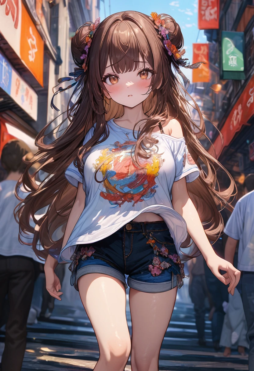 ((masterpiece:0), best quality, very aesthetic, newest, absurdres, detailed, high quality)
BREAK
highest quality, top quality, details, highres, ultra fine painting, digital art, official art, cinematic, 4k, 8k resolution, 8K CG wallpaper, CG, original artwork, detailed background, colorful background, blue atmosphere, High Dynamic Range, blurry background, blue hour, Starburst effects, crepuscular rays, good ISO, high resolution, wide shot, from far away, RAW photo, POV, sharp focus, light reflection, reflections, intricate details, soft light, particle noise, professional photography, bokeh, depth of field, natural lighting, vibrant colors, looking away, detailed lights and shadows, stylish, ultra-detailed, top rated on Pixiv, trending on Artstation, niji style, modern-days, master crafted, pose
BREAK
solo, close up shot, from above, 1girl, pale skin, correct fingers, detailed hand, (big breasts:1.2), big thighs, small torso, short body, flushtered, blush, anxious expression, embarassed, embarassed act, casual, slim, ((cute, childlike face):1.3), nice hips, nice body, brown hair, (very long flowing hair), (big 2 buns hairstyle)), long bangs, long hair, middle hair bangs, brown eyes
BREAK
(white oversized t-shirt with the logo of manga series on it. The shirt is big enough that it hangs off one of her shoulders. She's also wearing some short, loose-fitting shorts that stop just above her thighs, letting the lower part of her legs bare)
BREAK
a person walking down a street with a crowd of people, crowded street, crowded streets, in front of a large crowd, giant crowd, girl walking through city, people walking down a street