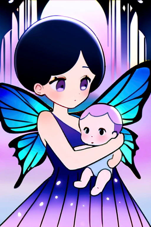 work of art, best qualityer, A baby with dark eyes, shorth hair, in lilac dress, in an enchanted butterfly garden 