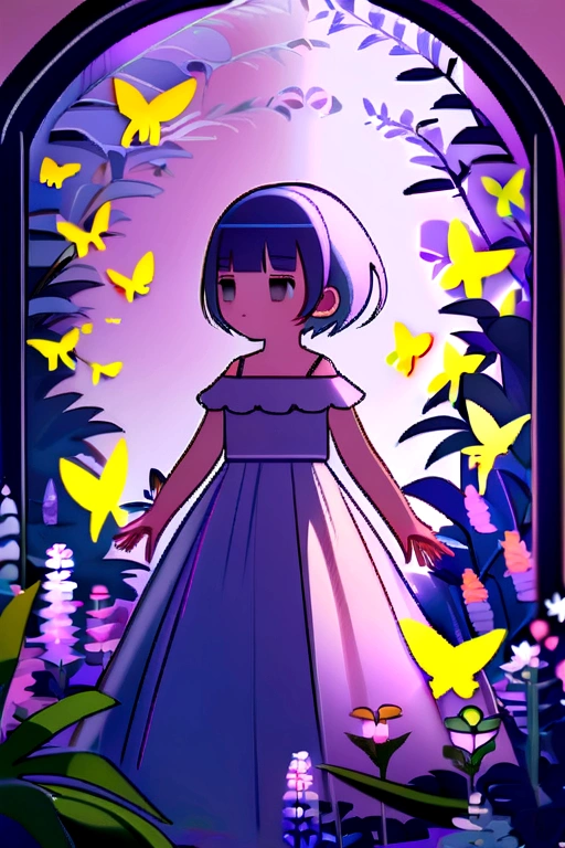 work of art, best qualityer, A baby with dark eyes, shorth hair, in lilac dress, in an enchanted butterfly garden