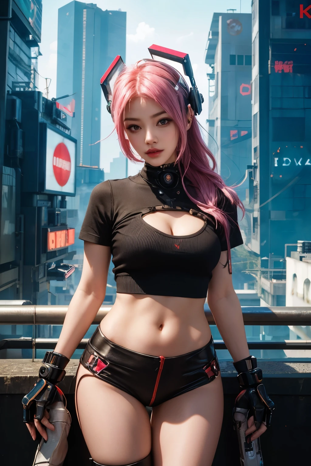 1 girl， solo， cyberhanfu， wearing short sleeve ， In red and black，daynamic pose,big , Cyberpunk-city， dynamicposes， head gear， hair adornments， long whitr hair， cyber punk perssonage， a high-tech city， Full of mechanical and futuristic elementirai， technologies,8k quality 