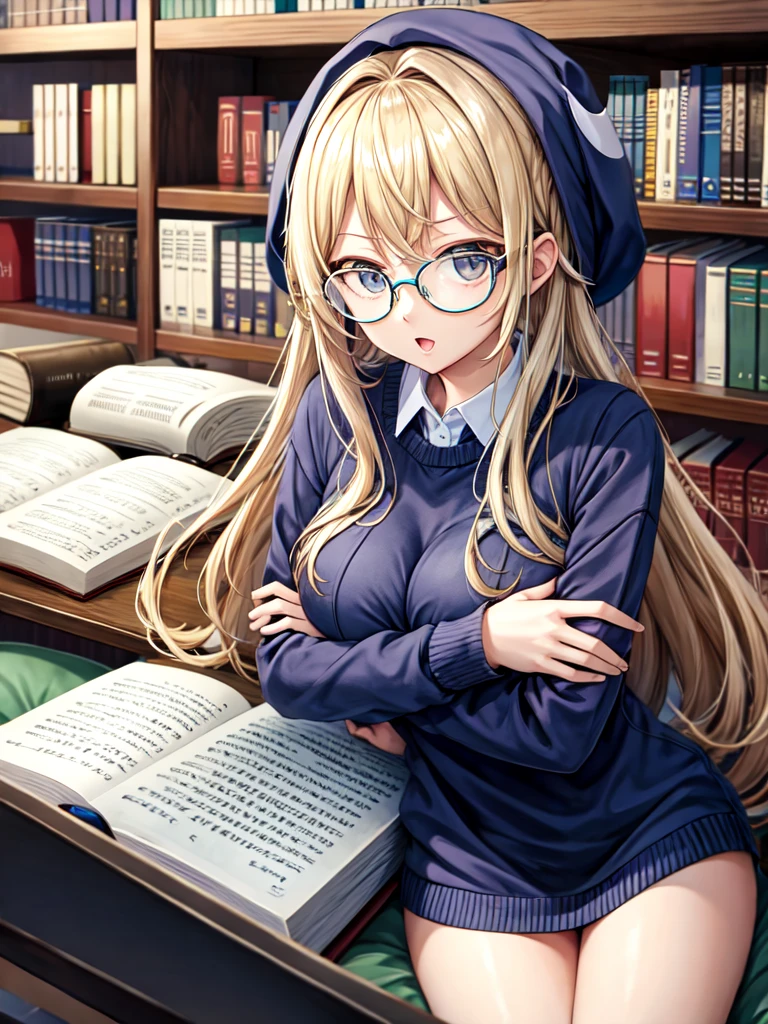 (masterpiece),(best quality), glasses, chakumomi, pov hand, breast grab, (embarrassed),sweater, in library,очень красивая девушка