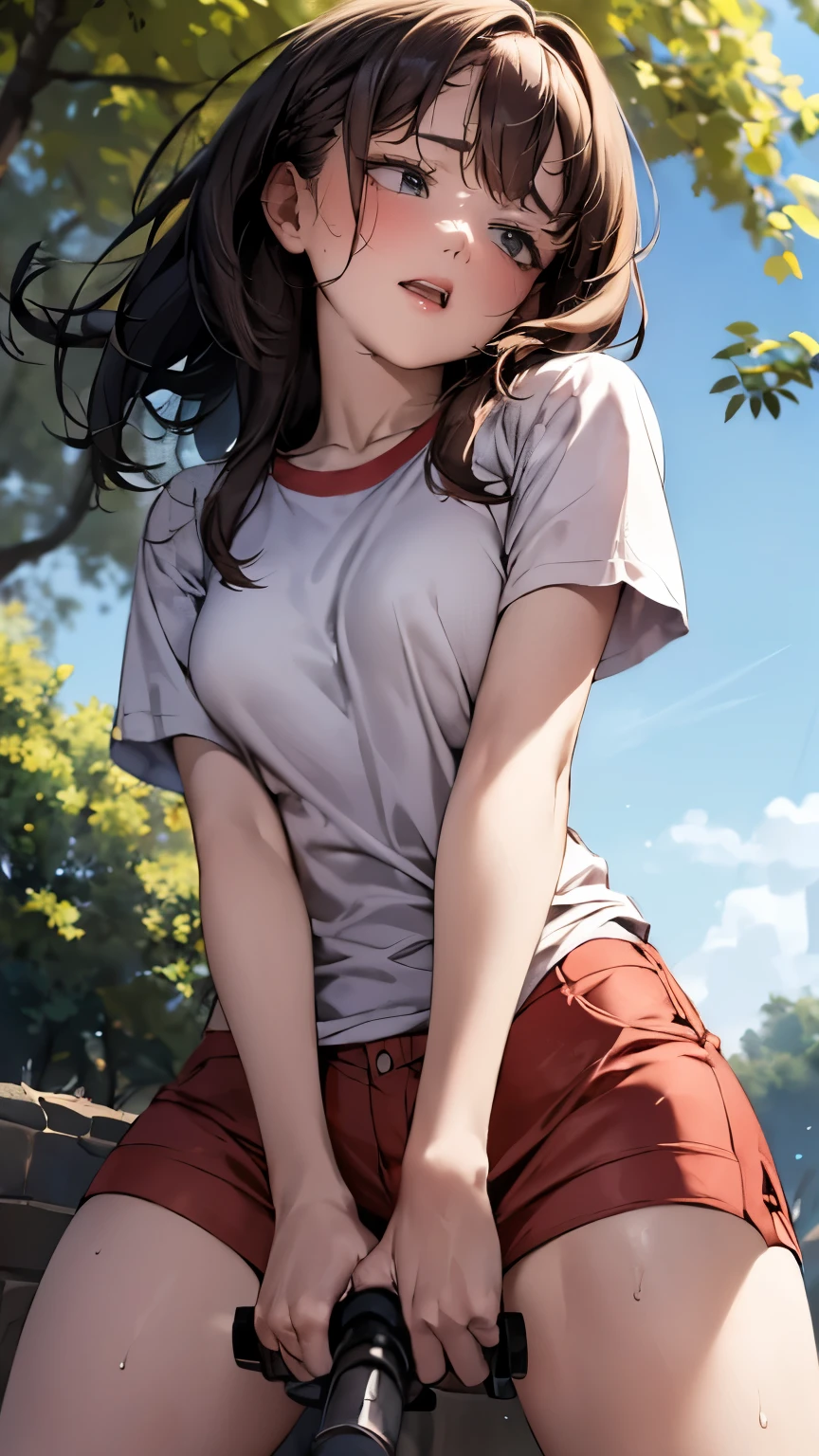 (((round face))), drooping eyes, sweat, shame, a young housewife, realistic skin, thin-t-shirt, braid, (ecstasy face, lewd girl), ecstasy, ((she is standing and straddling to hit her crotch area against (a vibrating tool's handle) while eccentric pose)), (masturbating with complete concentration, focus on her mouth), in the garden, trees, sky, angle from below,