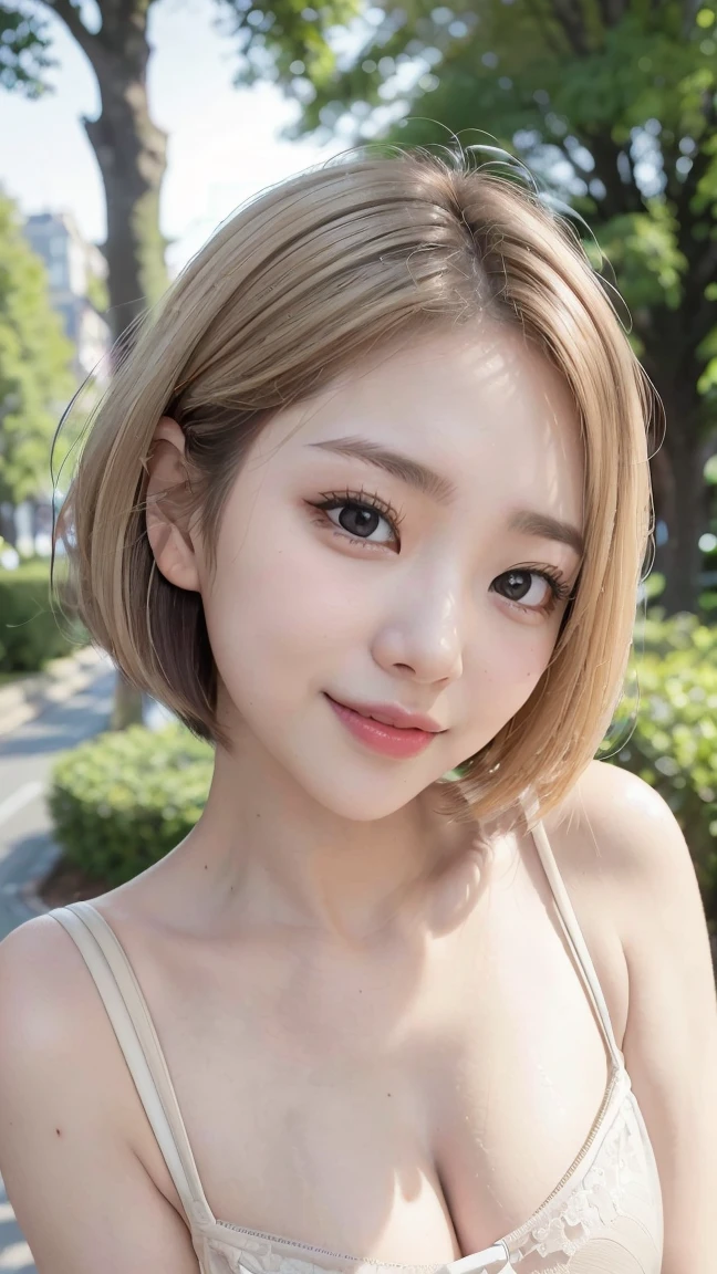 Realistic, masterpiece, Highest quality, (Tree-lined street, The background is blurred:1.3), (One girl:1.3), Photo of a woman smiling happily, (Droopy eyes:1.3), Beautiful and exquisite, (Dark Eyes:1.3), Long eyelashes, Eyelash extensions, (Hidden eyelid wrinkles:1.3), (blonde, short hair, middle part:1.3), (In underwear), (Full body portrait:1.3)、Lying in bed、A pleasant looking face