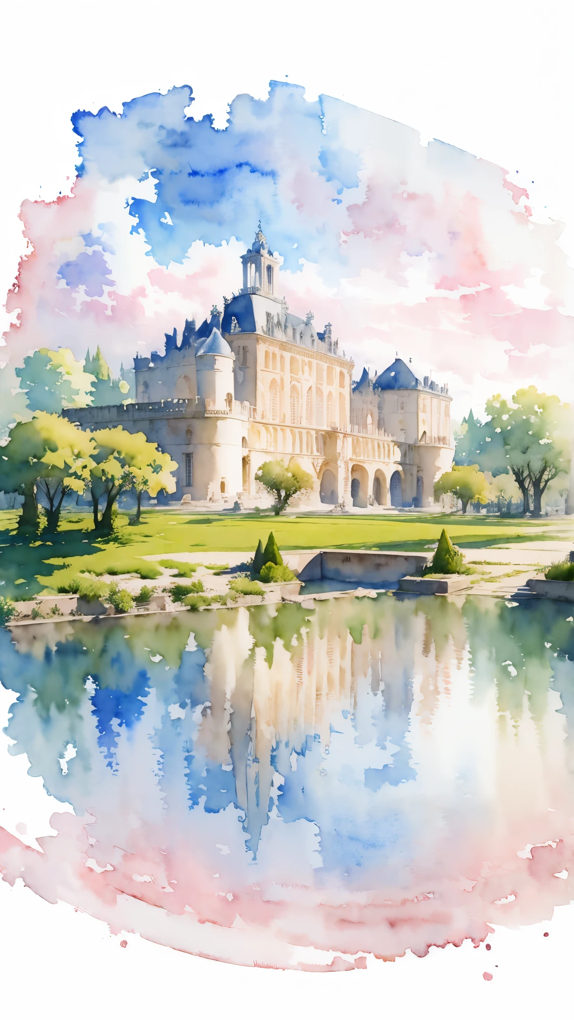 (masterpiece:1.2, Highest quality),(Very detailed),(((watercolor))),8K,wallpaper,Landscape of France,Chateau de Versailles