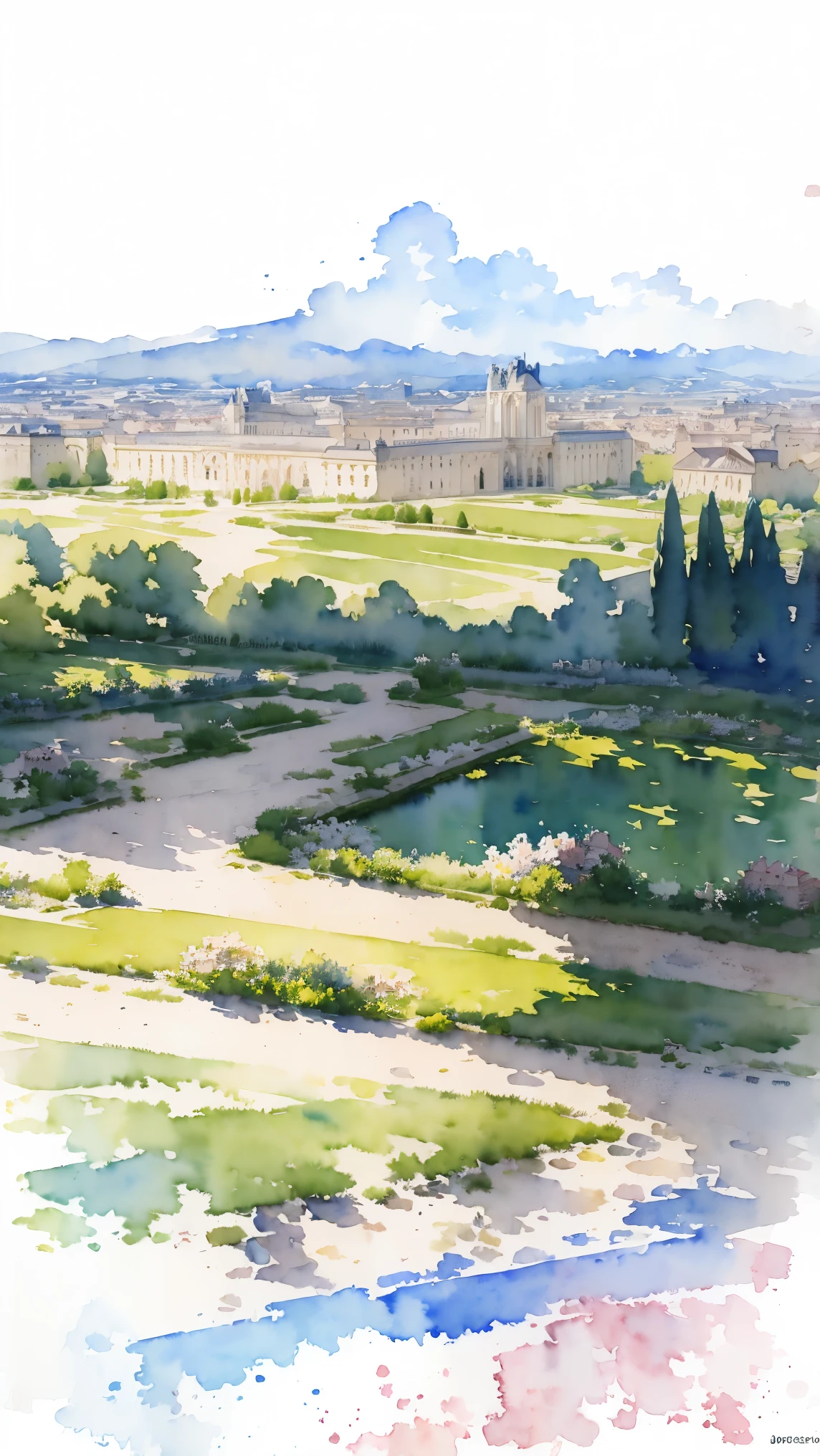 (masterpiece:1.2, Highest quality),(Very detailed),(((watercolor))),8K,wallpaper,Landscape of France,Chateau de Versailles