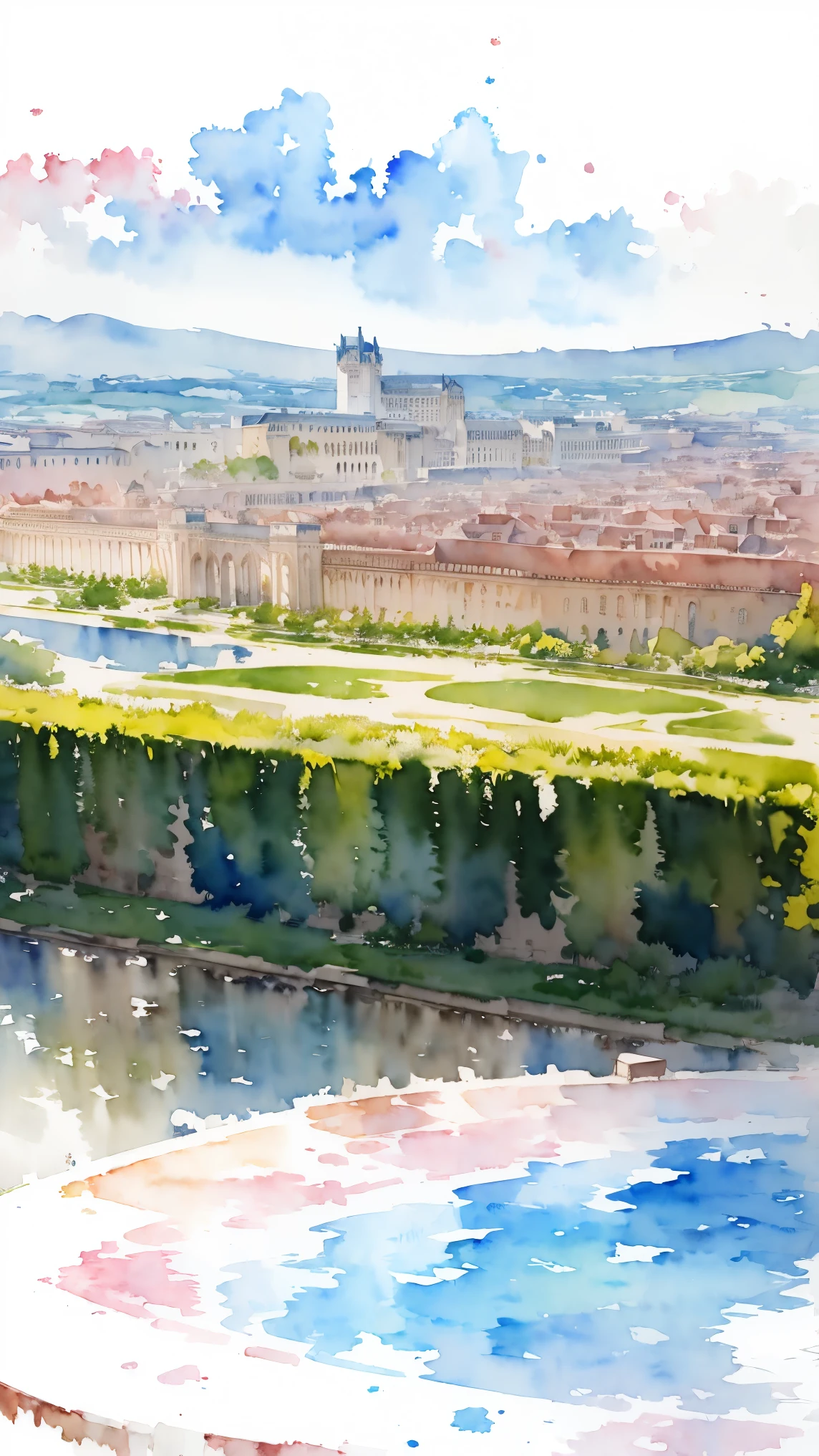 (masterpiece:1.2, Highest quality),(Very detailed),(((watercolor))),8K,wallpaper,Landscape of France,Chateau de Versailles