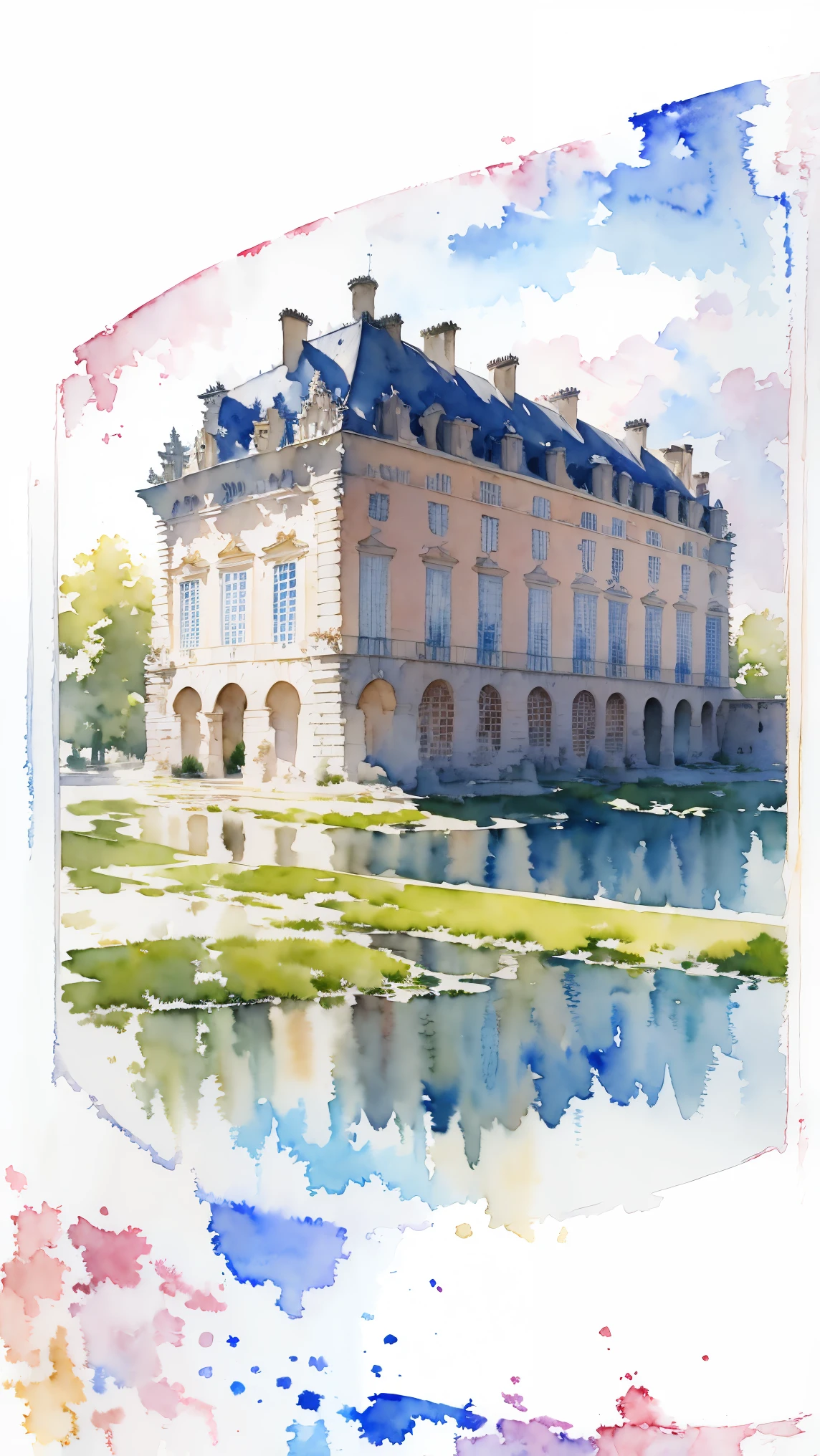 (masterpiece:1.2, Highest quality),(Very detailed),(((watercolor))),8K,wallpaper,Landscape of France,Chateau de Versailles