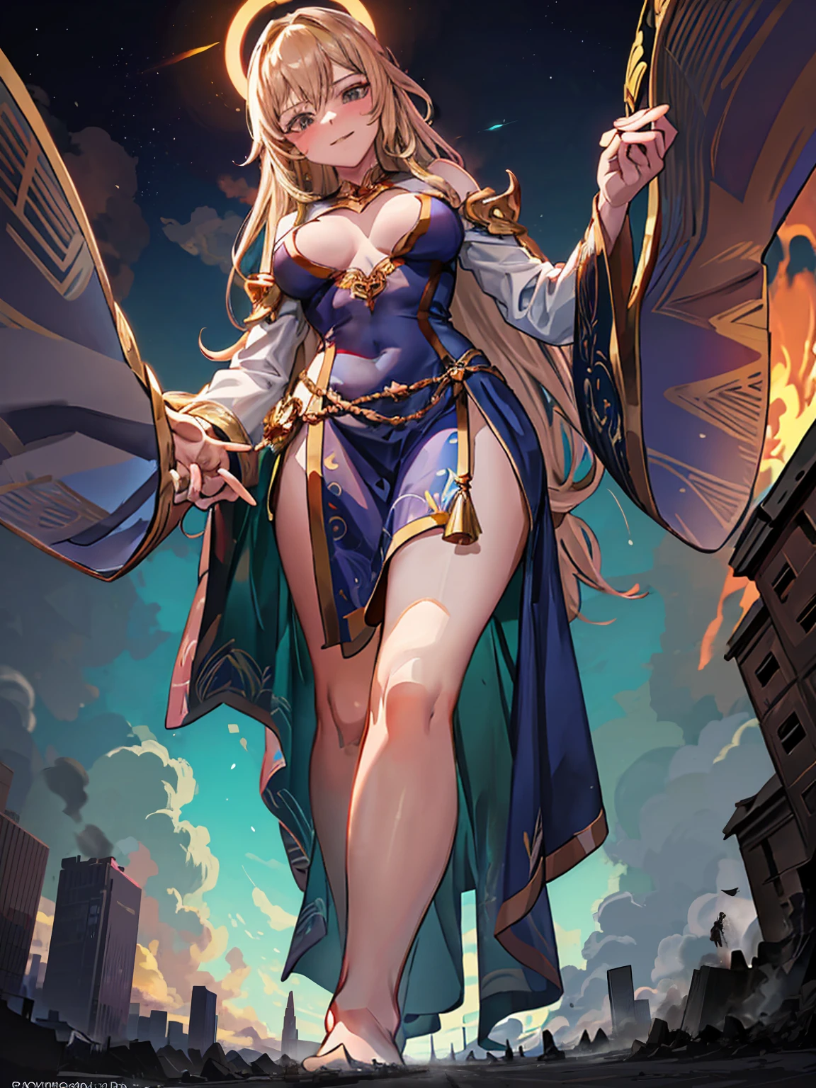 Evelina, a 50-meter-tall deity, emerges from her dawn-lit cavern. Her glowing golden skin and fiery wavy hair fall over her shoulders. Standing on a plain, her majestic and seductive posture features one leg forward and one hand on her hip. Her piercing gaze and suggestive smile mesmerize the humans at her feet, while her perfect body exudes an aura of divine eroticism.