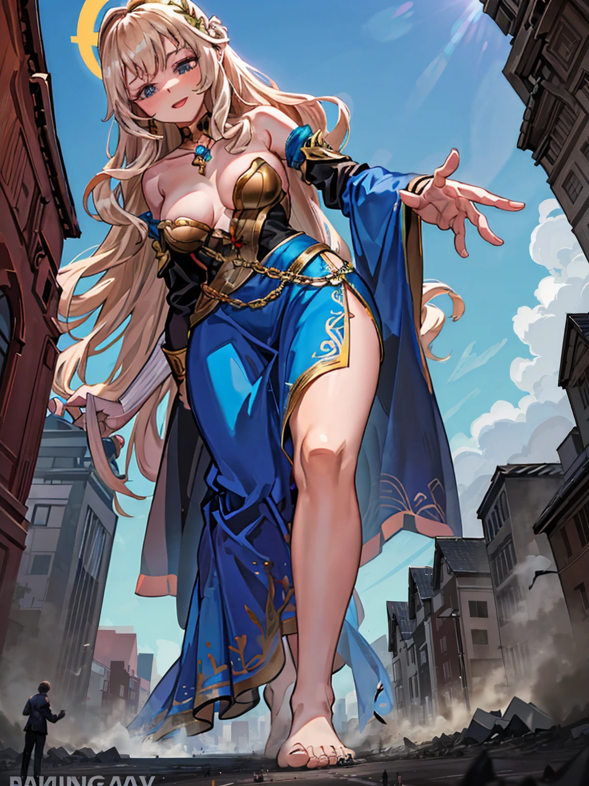 Evelina, a 50-meter-tall deity, emerges from her dawn-lit cavern. Her glowing golden skin and fiery wavy hair fall over her shoulders. Standing on a plain, her majestic and  posture features one leg forward and one hand on her hip. Her piercing gaze and  smile mesmerize the humans at her feet, while her perfect body exudes an aura of divine .