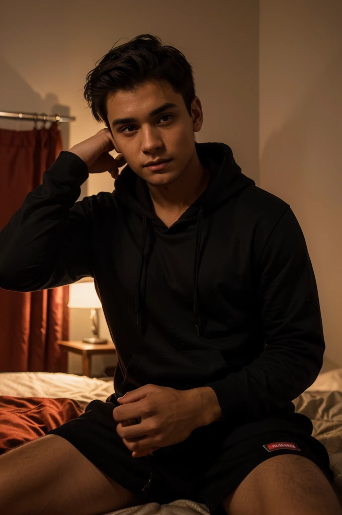 a young handsome young man, wearing black hoodie, in bed room with red light, at night, selfie role 