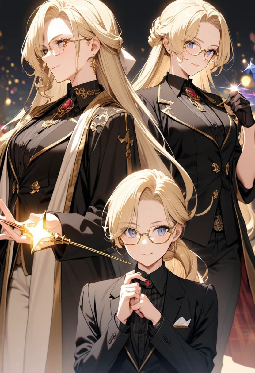 noble,blond,grace,Black suit,Gold rimmed glasses,male,one person,Magic wand in hand