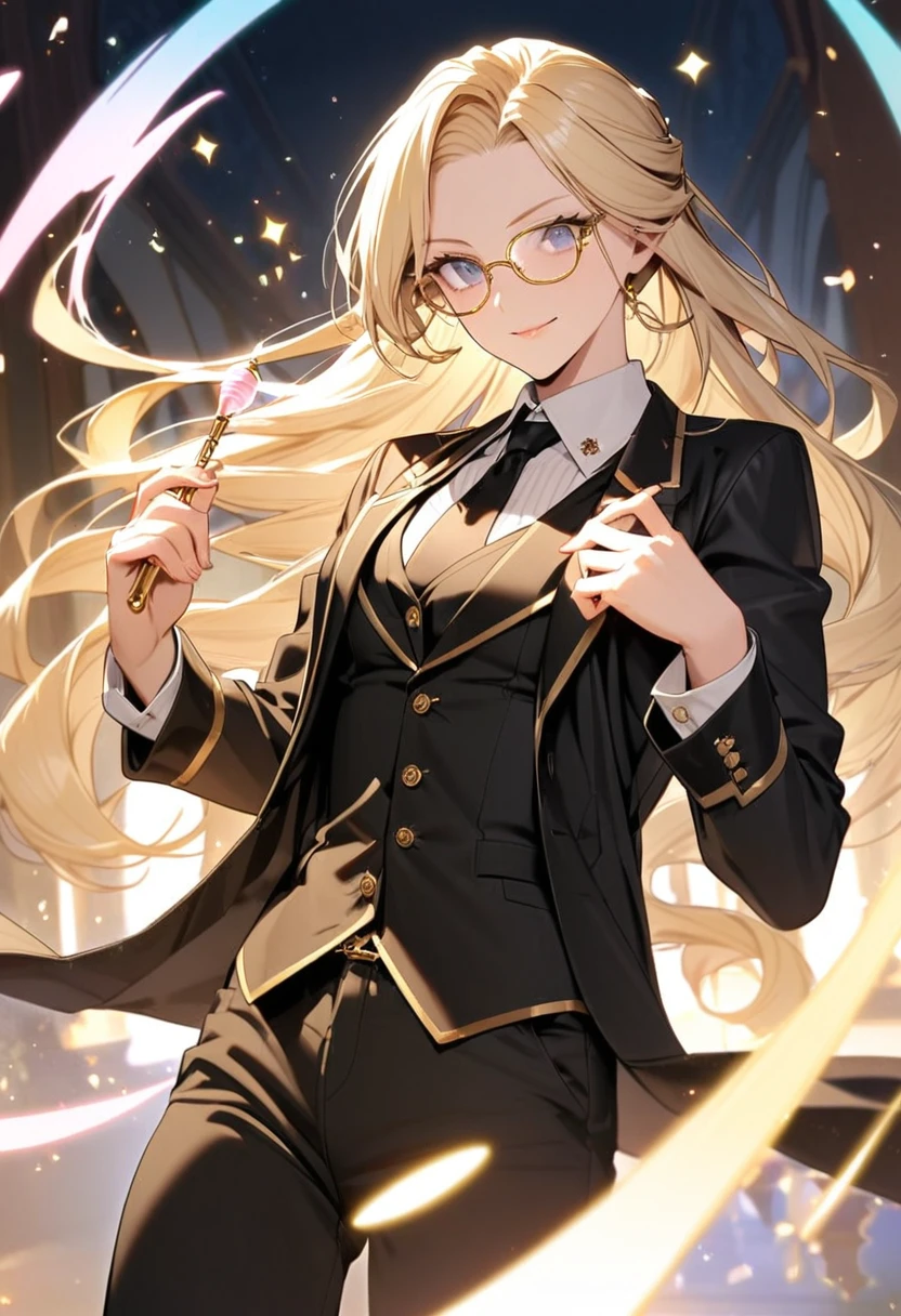 noble，blond，grace，Black suit，Gold rimmed glasses，male，one person，Magic wand in hand