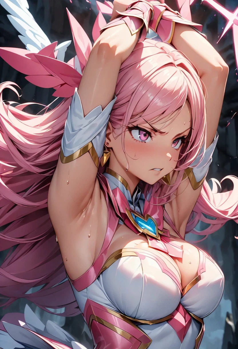 (Perfect Anatomy)、Mastepiece、Ultra High Quality、 8K、masterpiece、Highest quality、Ultra-high resolution、Maximum resolution、Very detailed、Professional Lighting、anime、woman、thin、so beautiful、Highly detailed eye、Highly detailed face、Golden earrings、Pink Hair,、Pink eyes, upper arm pink armor, white leotard, pink pattern, whole body, magical girl, Angel Girl, fighting pose, (((shoot magic from your hands))), sweat, Raise your arms and cross them above your head, magic attack, (fight multiple golem1.3), angry, From the side