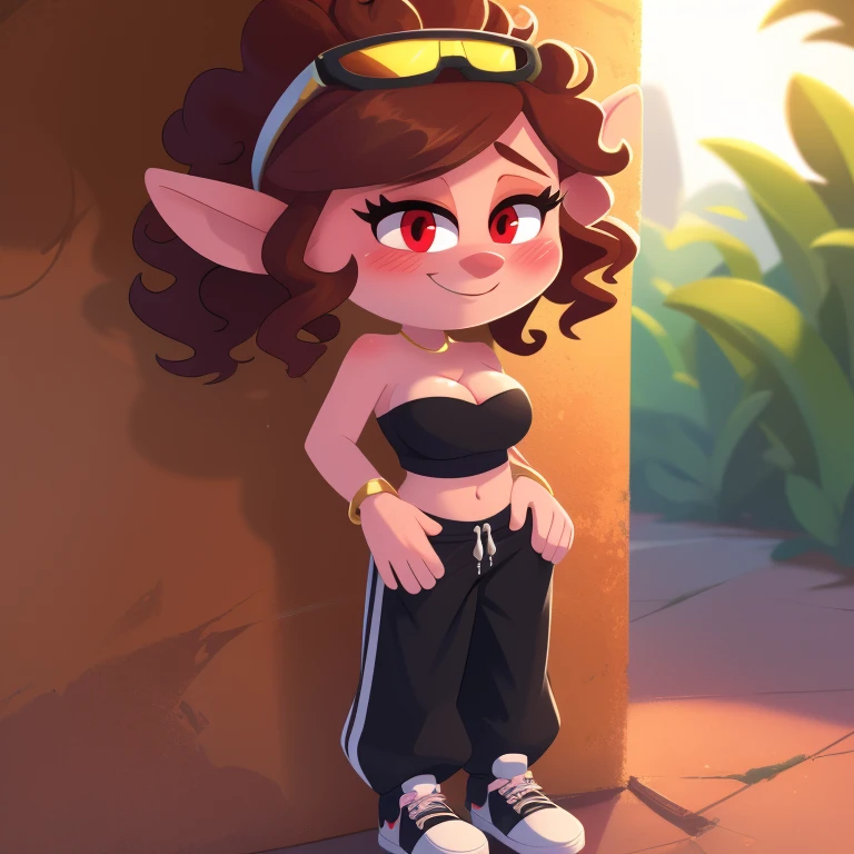 Queen poppy, trolls, strapless crop top, baggy pants, high-top sneakers, cleavage, two-tone hair (brown hair, black tip)), curly hair, halo, sunglasses, jewelry, red eyes, longeyelashes, red eyes, smile, shy, blush,