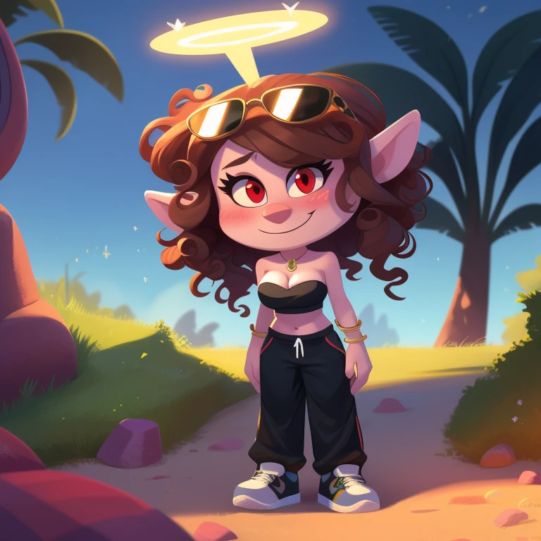 Queen poppy, trolls, strapless crop top, baggy pants, high-top sneakers, cleavage, two-tone hair (brown hair, black tip)), curly hair, halo, sunglasses, jewelry, red eyes, longeyelashes, red eyes, smile, shy, blush,