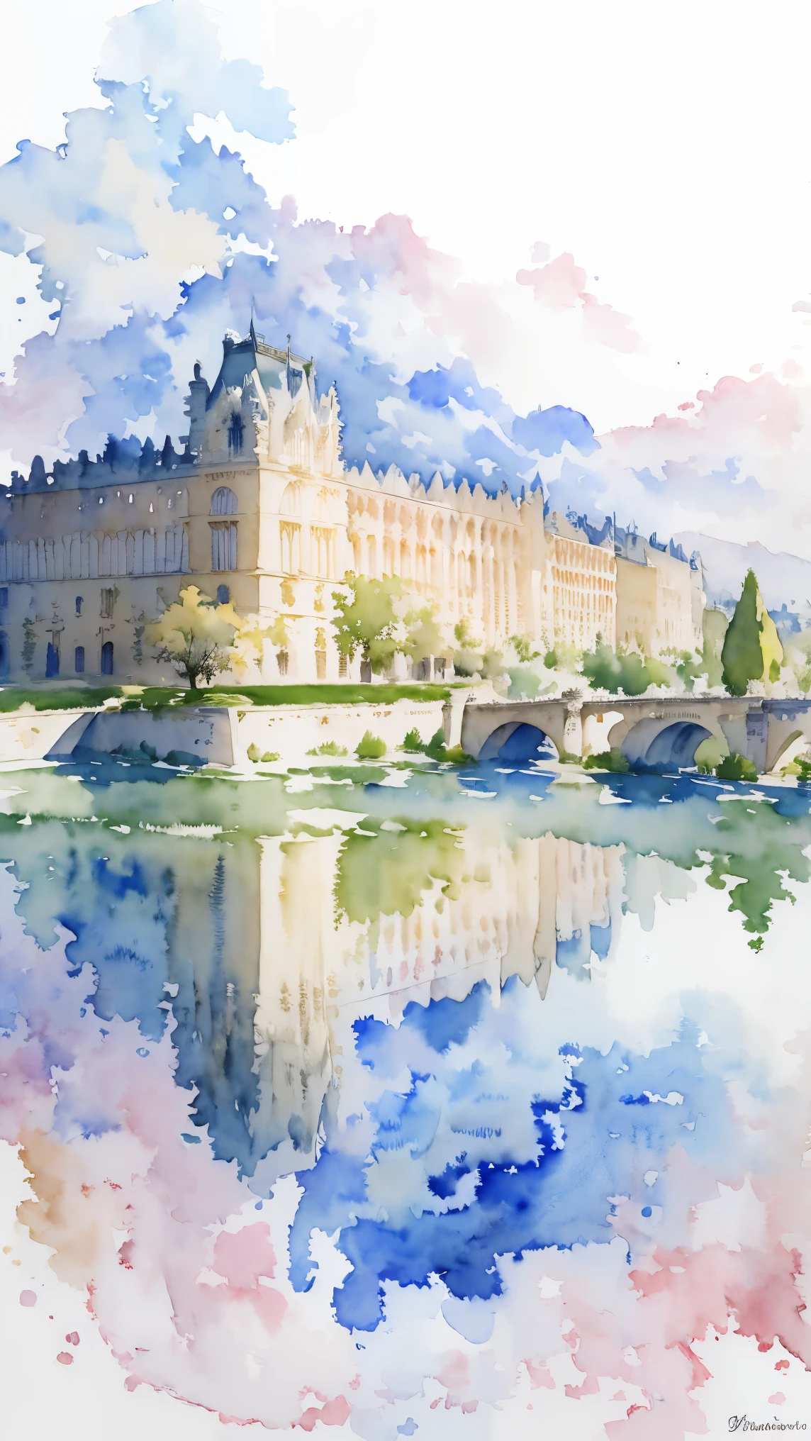 (masterpiece:1.2, Highest quality),(Very detailed),(((watercolor))),8K,wallpaper,Landscape of France,Chateau de Versailles,(((透明watercolor)))