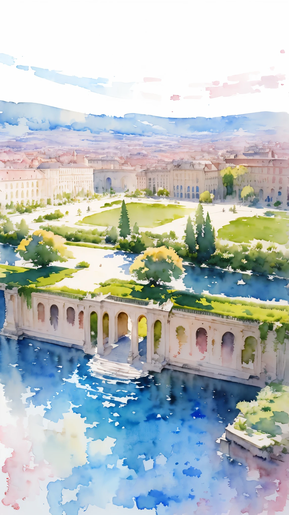 (masterpiece:1.2, Highest quality),(Very detailed),(((watercolor))),8K,wallpaper,Landscape of France,Chateau de Versailles,(((透明watercolor)))
